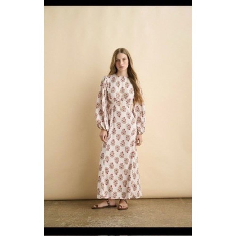 Sonmer Floral Block Print Maxi Dress Cream Red Long Puff Sleeve Boho Women S NEW